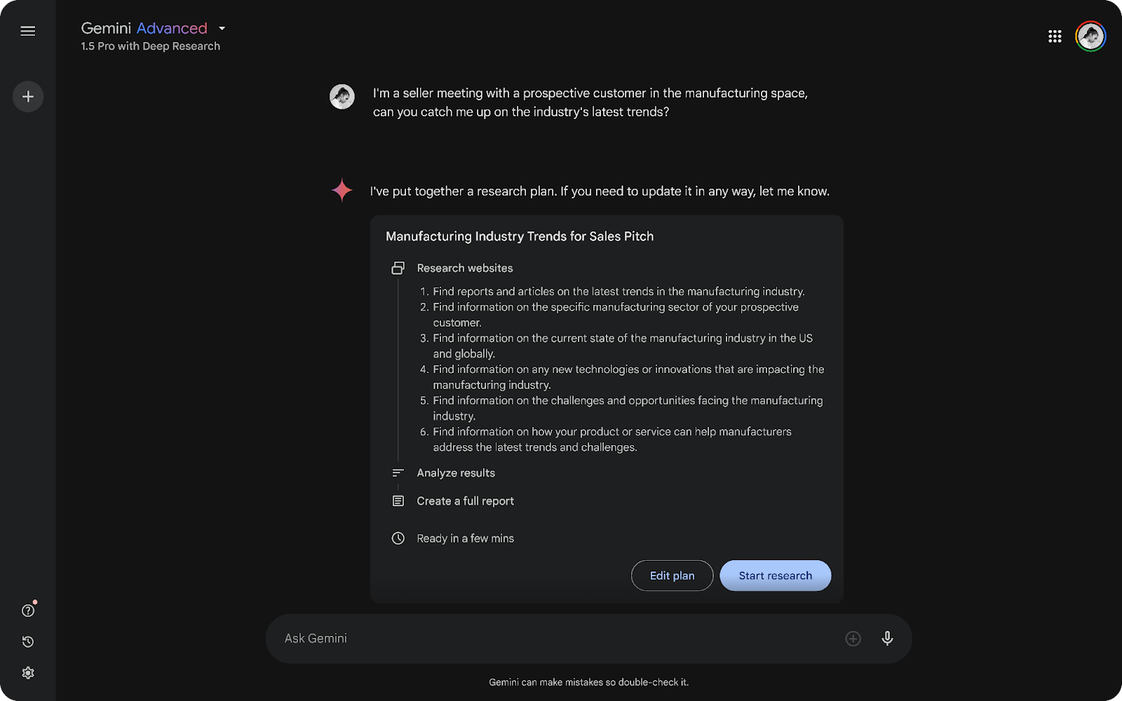 A black dashboard of Gemini Deep Research