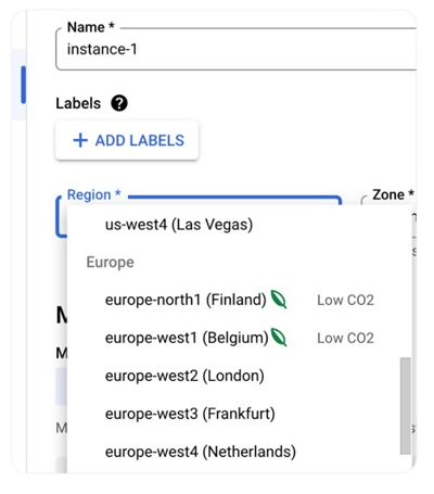 Google Cloud Low CO2 indicators in ​​location selectors