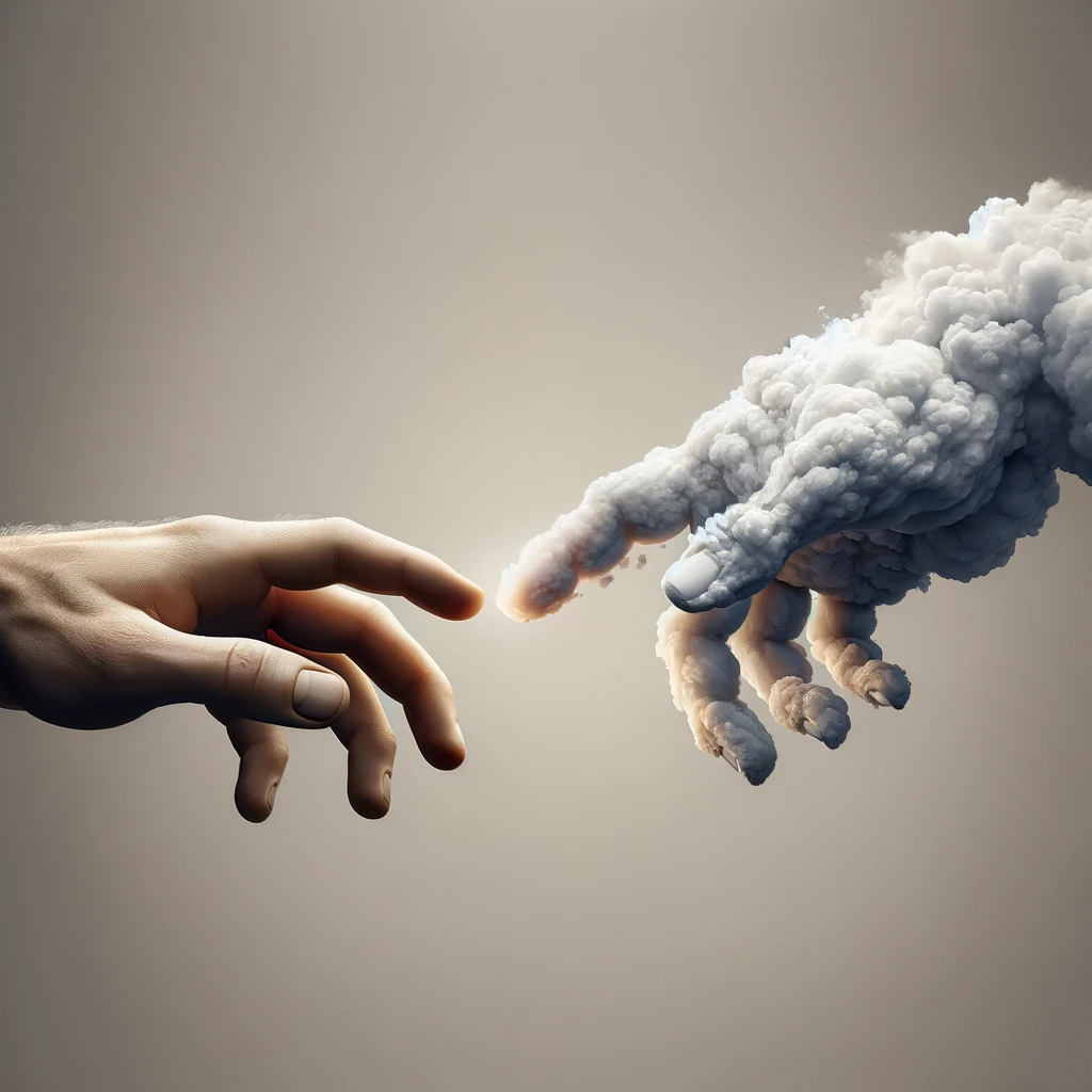 DALL·E 2024-05-06 20.21.45 - A high-resolution artistic image depicting two hands almost touching fingers, one human and one formed from clouds. The human hand should be detailed 